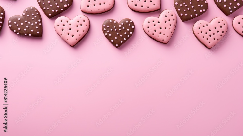 Cookies shaped like hearts on a pink background top view with copy space. Valentine's Day greeting card. Cookies shaped like hearts on a pink background top view with copy space. Valentine's Day greeting card.