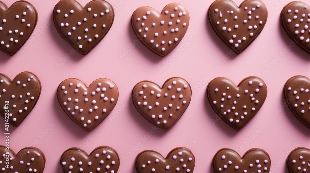 Chocolate heart-shaped cookies on a pink background top view. The concept of romantic baking Chocolate heart-shaped cookies on a pink background top view. The concept of romantic baking