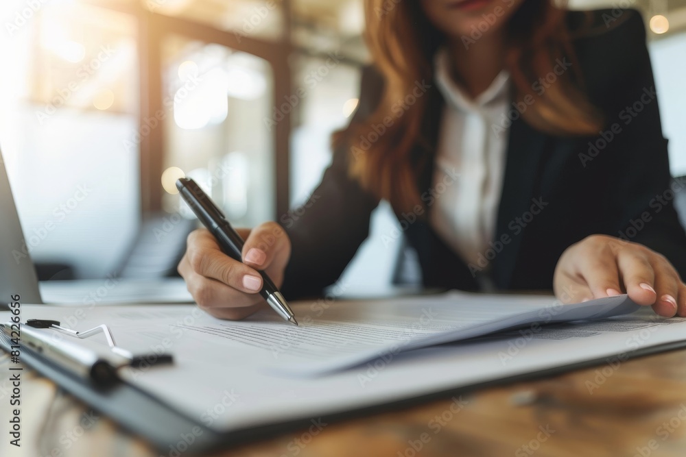Businesswoman in a suit is showing some documents to her customer. Businesswoman in a suit is showing some documents to her customer.