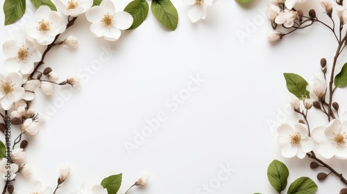 Empty white greeting card mocap with white cherry blossoms on white background top view  photo