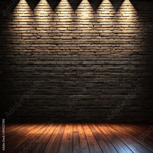  empty room with wooden floor with spotlight on brick wall background