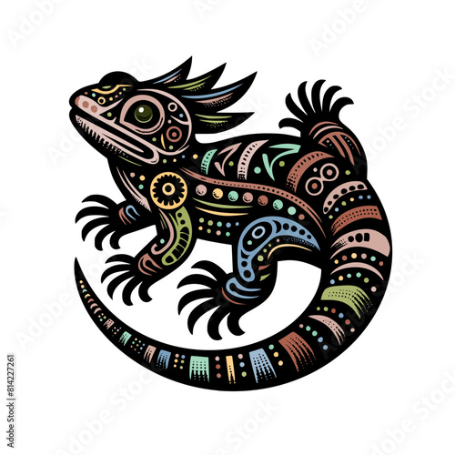 Colorful Aztec style art of an iguana with thick black outline.