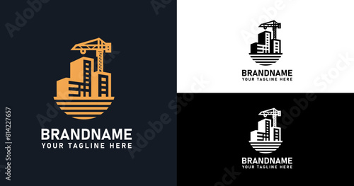 Modern Construction Logo Template with Gold Building and Crane Design