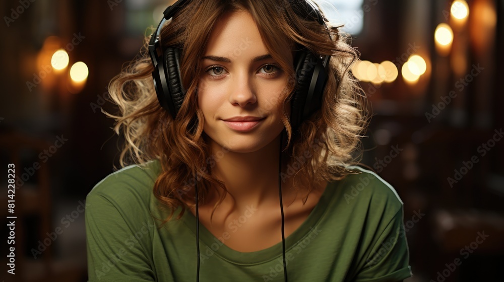 Portrait of a girl in a green T-shirt with headphones in dark room Portrait of a girl in a green T-shirt with headphones in dark room
