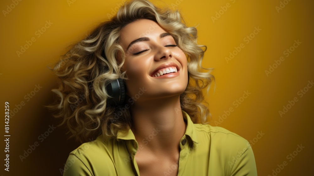 Fototapeta premium Portrait of a happy girl in a yellow T-shirt with her eyes closed with headphones on a yellow background. The concept of loving music 