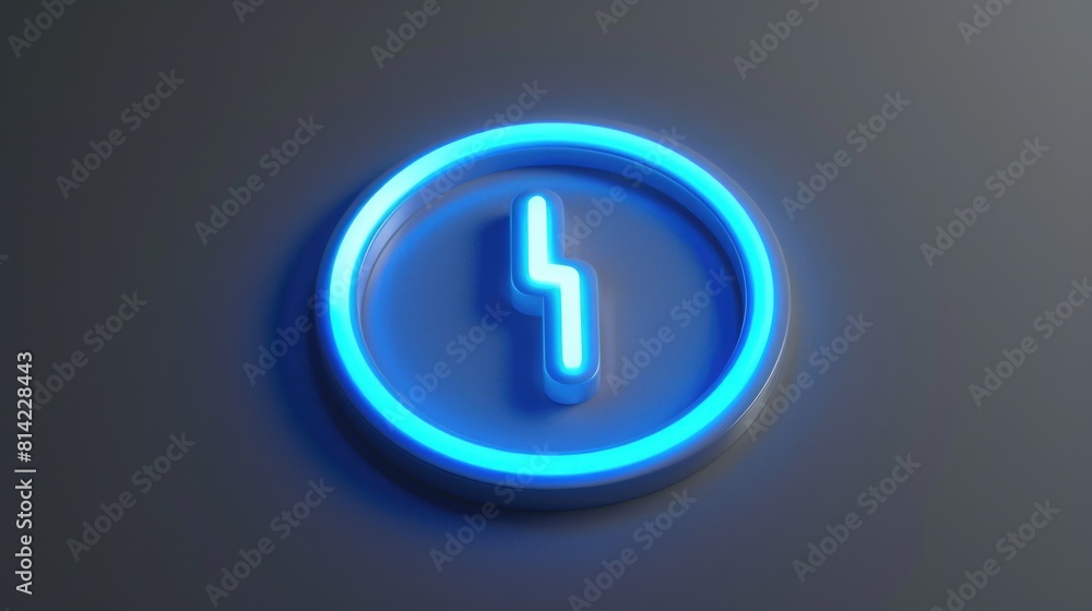Round blue neon power on logo on gray background. 3D style. AI generative. Round blue neon power on logo on gray background. 3D style. AI generative.