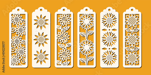 Set of vertical bookmarks with sunflower pattern. Laser cut template. Decorative floral bookmark stencil for paper, wood and metal cutting. Vector design with flowers.