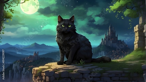A_majestic_black_cat_with_piercing_green_eyes_sitting_ photo
