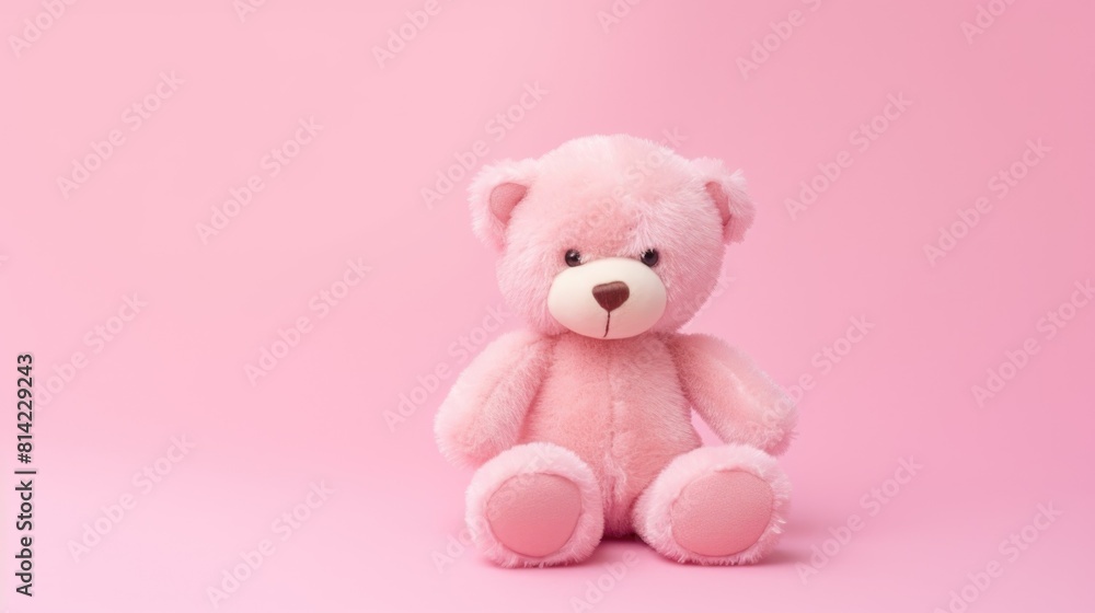 Toy plush pink bear on pink background with copy space Toy plush pink bear on pink background with copy space