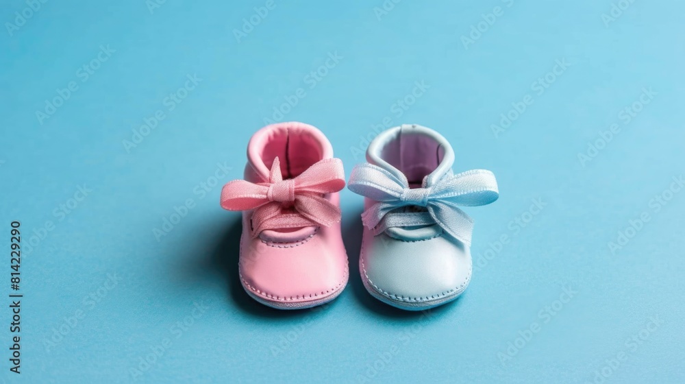 Small pink and blue booties for newborns on a blue background top view. Baby gender reveal party concept Small pink and blue booties for newborns on a blue background top view. Baby gender reveal party concept