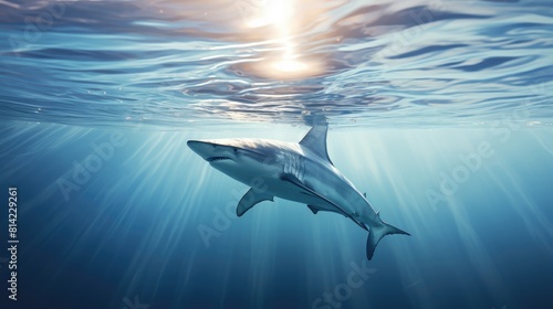 A white shark swims underwater in the sunlight. Wildlife сoncept photo