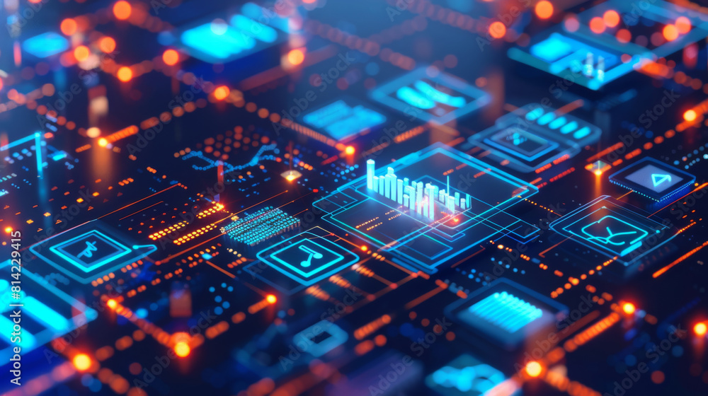 Close-up of an illuminated blue circuit board with graphical data analytics.