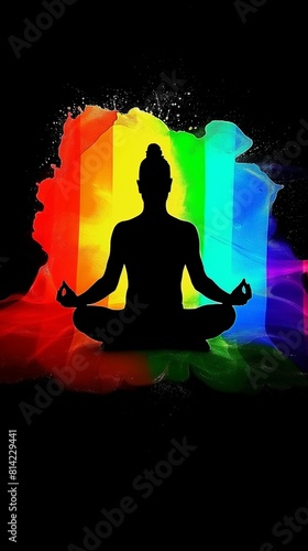 Silhouette of a person meditating in yoga pose, black yogi figure on rainbow colors background, thin, fit, healthy person sitting during meditation, colorful illustration with water and light