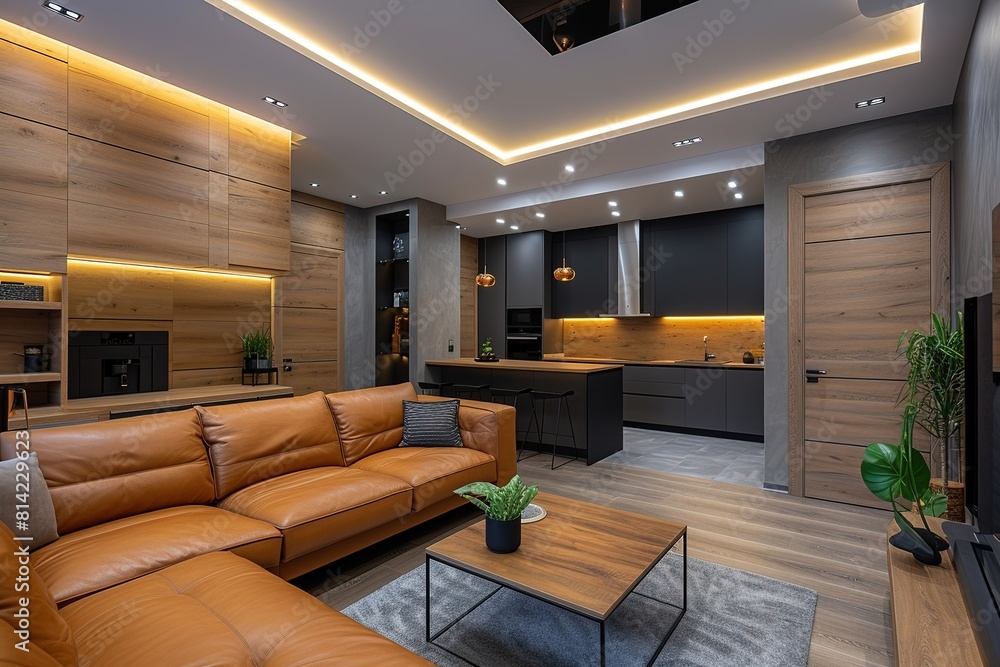 Modern interior of kitchen in luxury studio apartment. New kitchen set. Bar stools. Cozy leather couch and coffee table. Wooden doors. Bookshelf. Modern interior of kitchen in luxury studio apartment. New kitchen set. Bar stools. Cozy leather couch and coffee table. Wooden doors. Bookshelf.