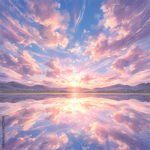 Breathtaking Dream-like Sunset Reflection with Puffy Clouds and Calm Waters
