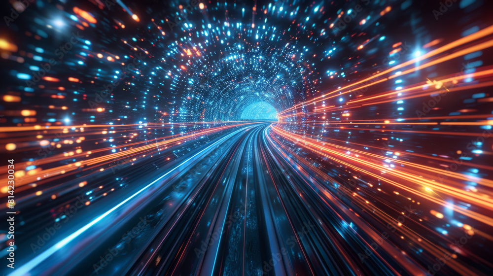 A dynamic perspective of a futuristic tunnel illuminated by multicolored light trails and vibrant reflections. A dynamic perspective of a futuristic tunnel illuminated by multicolored light trails and vibrant reflections.
