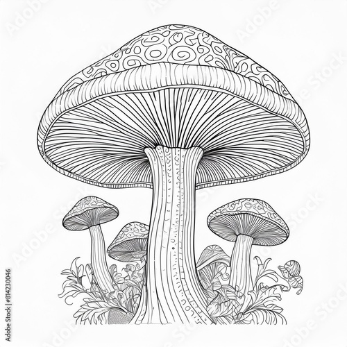 A drawing illustration of a mushroom. Black and white.