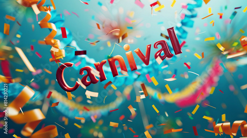 Top-down perspective of colorful streamers and confetti adorning a background with "Carnival" written in playful letters providing ample space for additional text