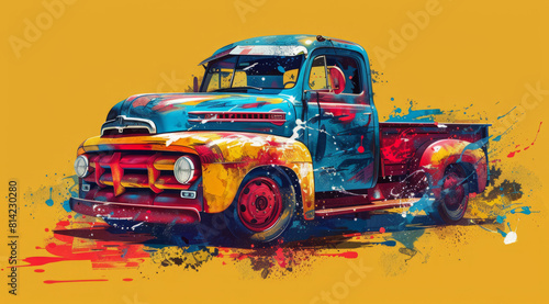 Design vector illustration of an american truck clasic yellow background, splash paint effect photo