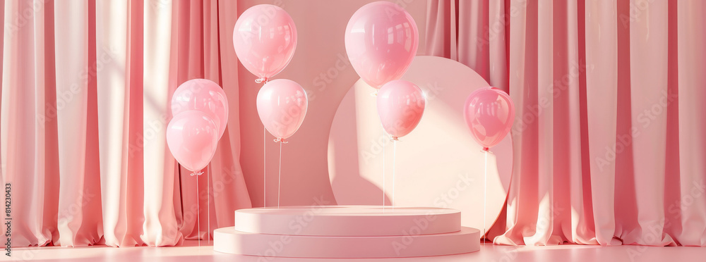3D rendering of a pink podium with balloons for a product presentation background in a studio room with light and curtains on pastel colored walls. 3D rendering of a pink podium with balloons for a product presentation background in a studio room with light and curtains on pastel colored walls.