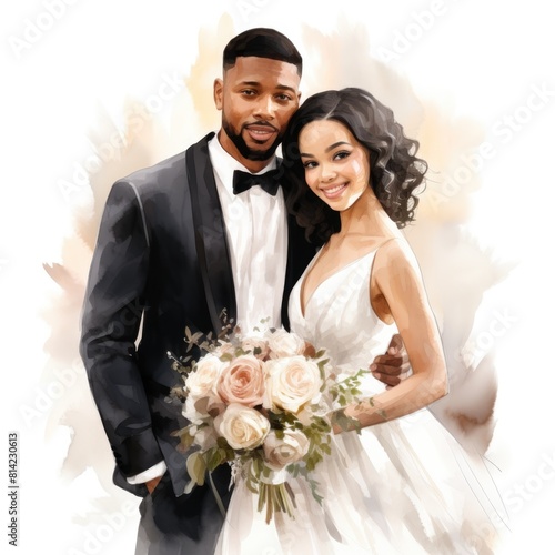 Watercolor illustration wedding characters happy bride and groom on white background