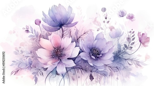 Watercolor illustration abstract delicate background with purple flowers for wedding invitation 