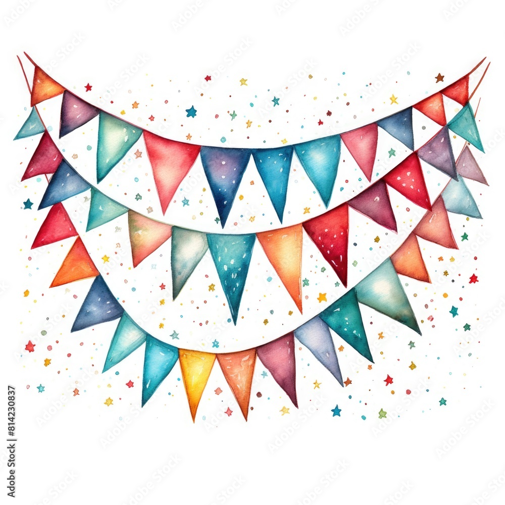 Watercolor illustration of a garland from festive flags on a white background 1:1 Watercolor illustration of a garland from festive flags on a white background 1:1