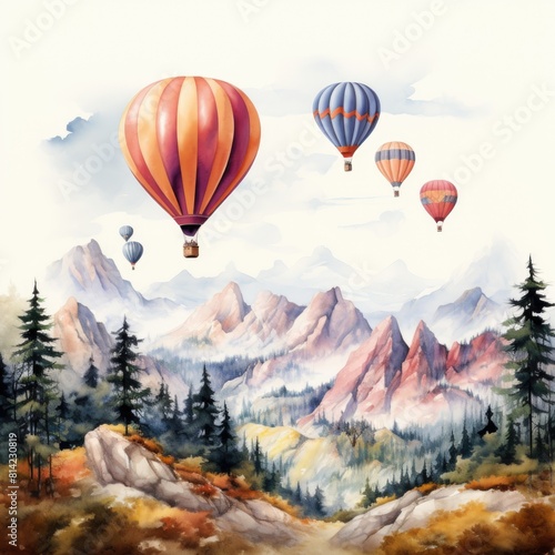 Watercolor illustration of hot air balloons above mountains on a white background 