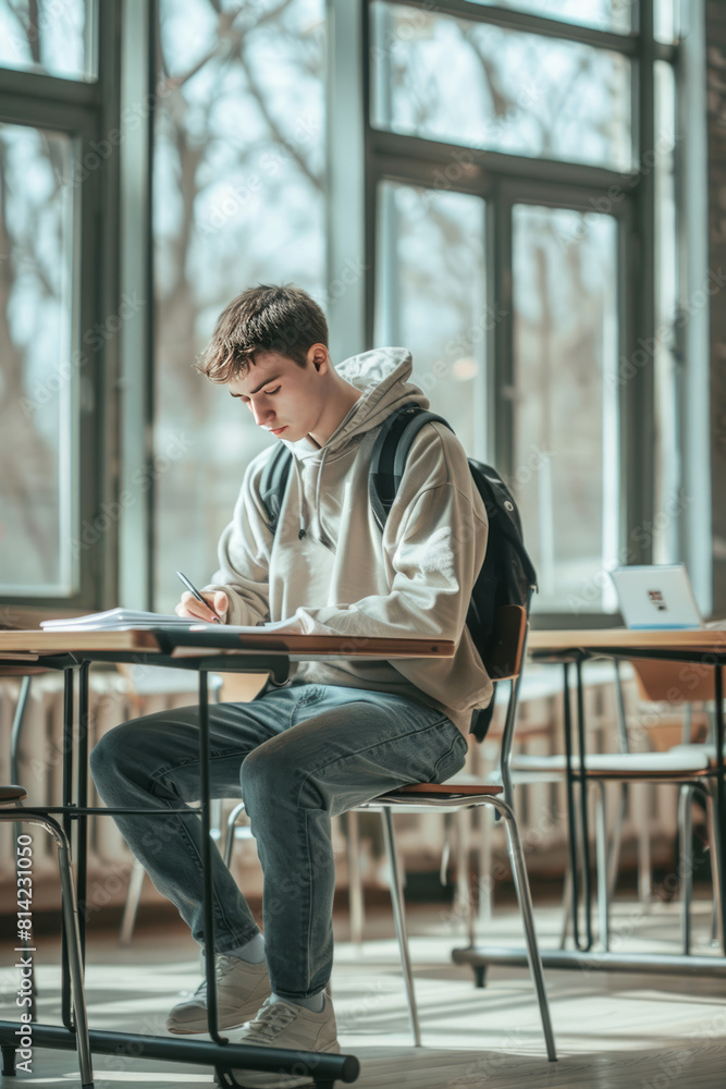 Focused male student takes a test in a bright classroom setting, anxious about exam result Focused male student takes a test in a bright classroom setting, anxious about exam result