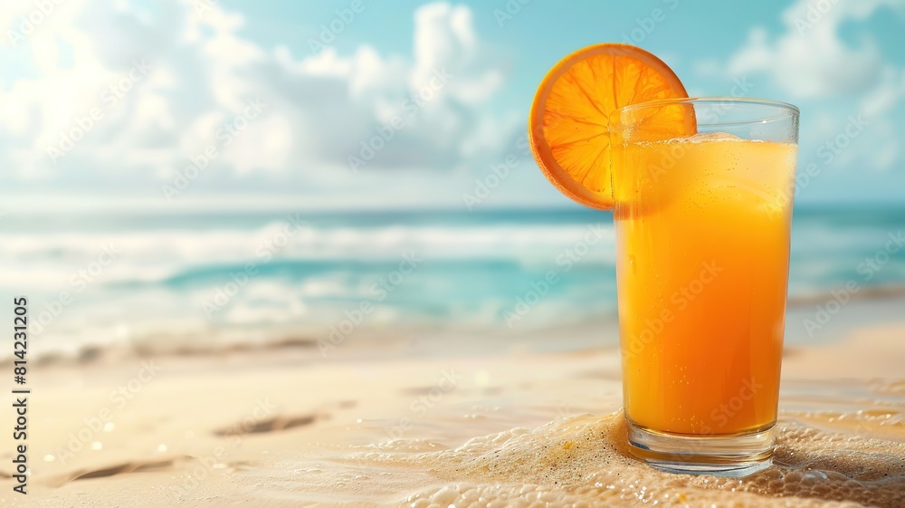 Squeezed orange juice garnished with orange slice on cloud and sand beach background Squeezed orange juice garnished with orange slice on cloud and sand beach background