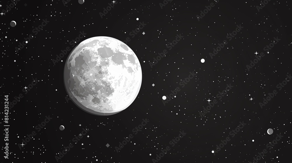 Moon in space flat design top view, cosmic theme, animation, black and white