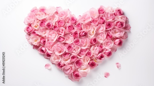 Heart is made of pink roses and petals on a white background view from above