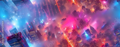 Explore a surreal cityscape from a worms-eye view with towering skyscrapers melting into liquid colors, reflecting neon lights in a chaotic harmony