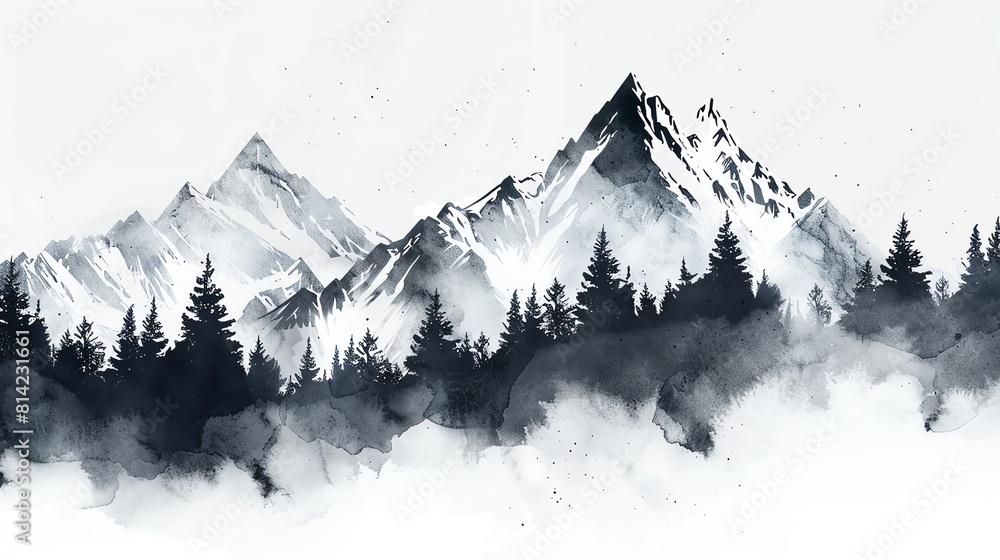Mountain flat design side view, winter theme, water color, black and white