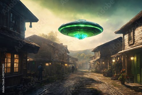 Alien flying saucer on street of old village with wooden houses. Alien abduction concept. UFO kidnapping. Painted picture. Generative AI.