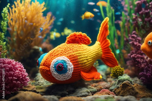 Handmade orange fish toy. Knitted kid soft toy made yarn on an artificial water bottom.