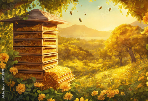 Big wooden bee hive in sunny blooming garden photo