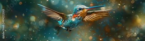 Portray the grace of a hummingbird in mid-flight, displaying patterns akin to quantum entanglement, from a unique top-down perspective that defies conventional photography