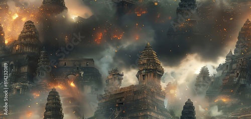 Transform a majestic ancient temple into a haunting relic looming over an abandoned cityscape photo