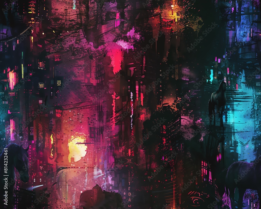 Capture mythical centaurs traversing desolate urban ruins; watercolor techniques bring life to their striking forms against a backdrop of haunting neon-lit alleyways Capture mythical centaurs traversing desolate urban ruins; watercolor techniques bring life to their striking forms against a backdrop of haunting neon-lit alleyways