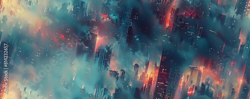 Combine the allure of a birds-eye view over a cyberpunk landscape with deep psychological undertones Employ photorealistic detailing to bring out the clash between futuristic eleme photo