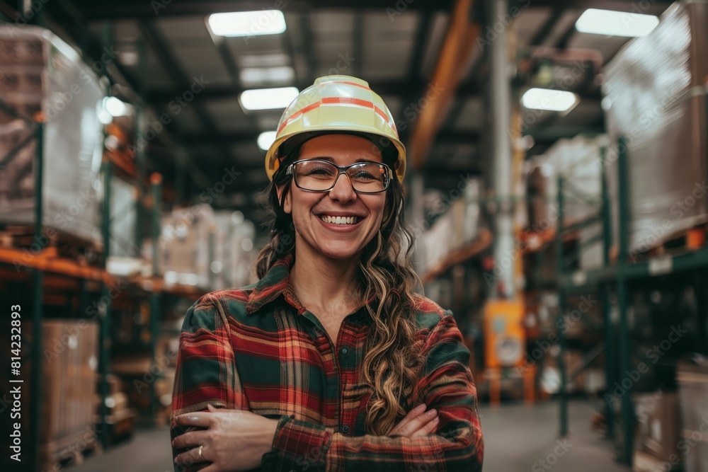 Smiling Industrial Female Worker in Warehouse Generative AI Smiling Industrial Female Worker in Warehouse Generative AI