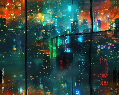 Create a panoramic view of a bustling futuristic cityscape