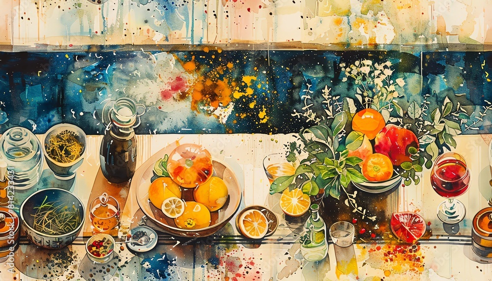 Illustrate a visionary depiction of a celestial kitchen setting viewed from above Illustrate a visionary depiction of a celestial kitchen setting viewed from above