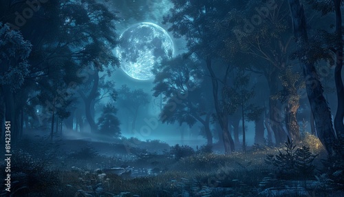 Visualize a mysterious forest shrouded in mist  where ancient myths and legends come to life under the enchanting moonlight