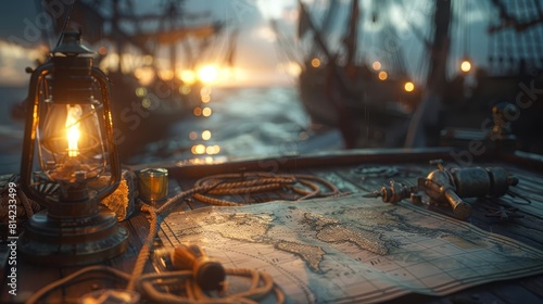 Visualize a navigator plotting a course on an ancient map, surrounded by nautical instruments, aboard a sailing ship at dusk photo