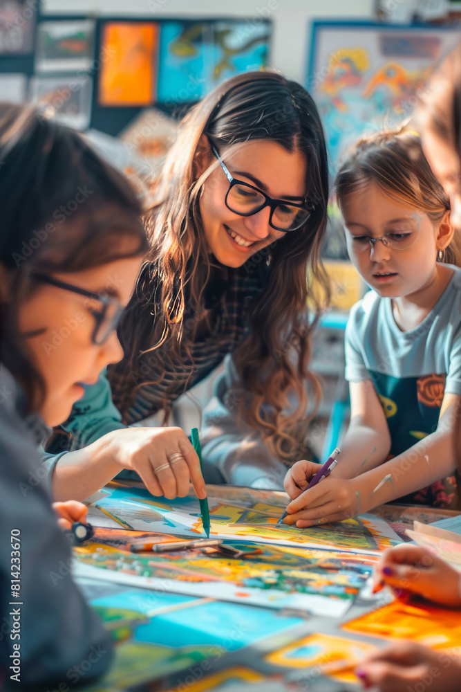 Smiling art teacher assists young students with painting in a colorful, bright classroom