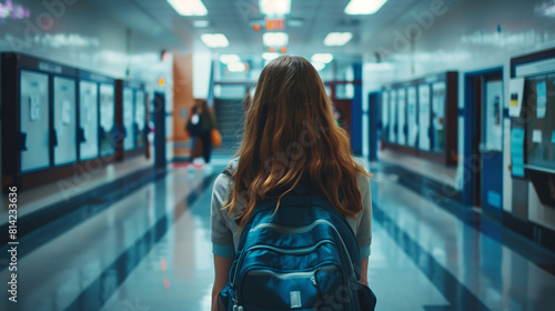 Girl Walking Down Hallway With Backpack