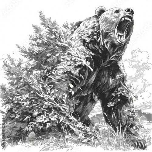 Detailed and Intense Illustration of a Large Brown Bear in the Heart of a Foliage-Filled Landscape