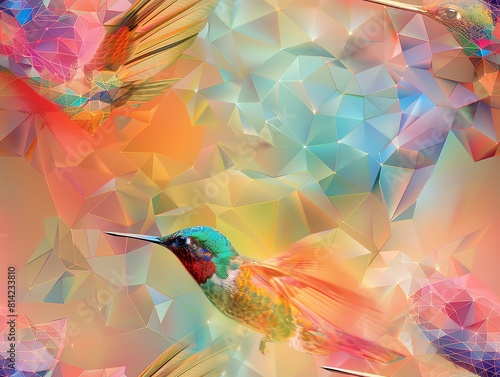 Visualize a cybernetic hummingbird hovering mid-flight amidst geometric clouds